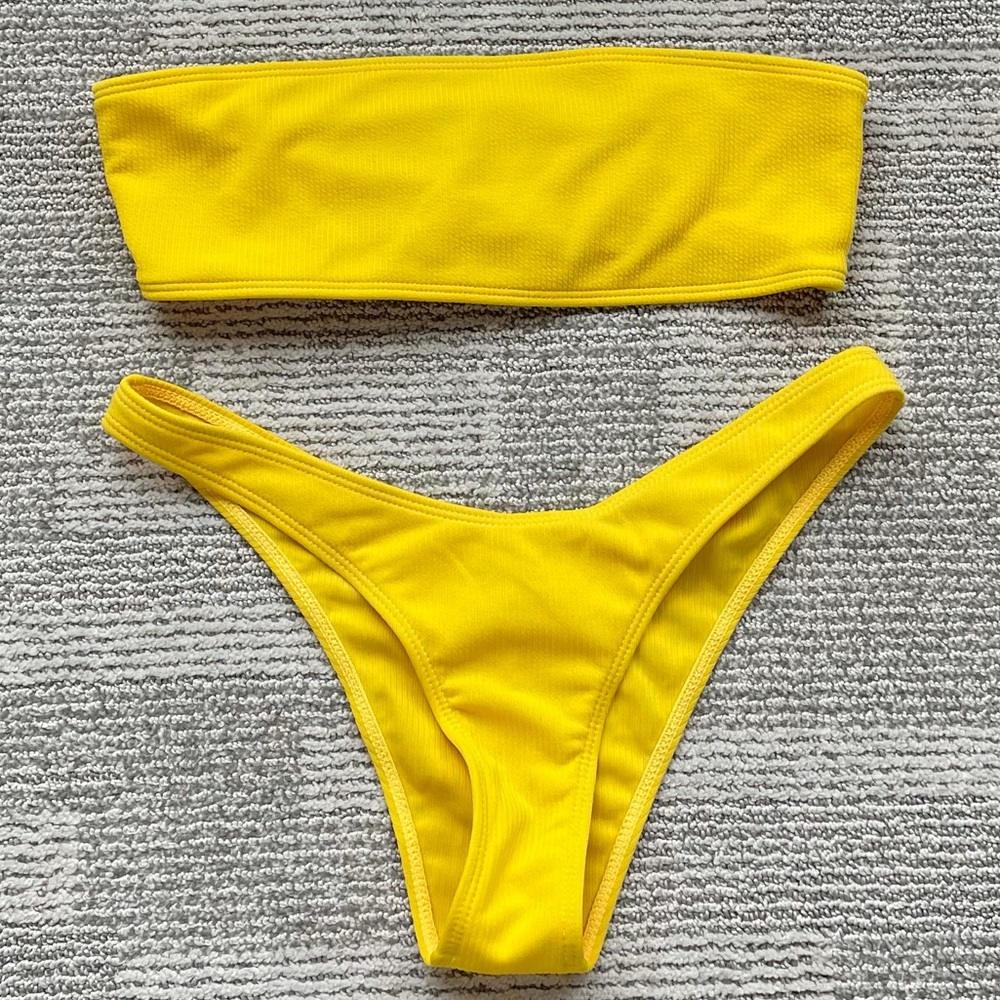 Shein yellow bandeau lace up back bikini
